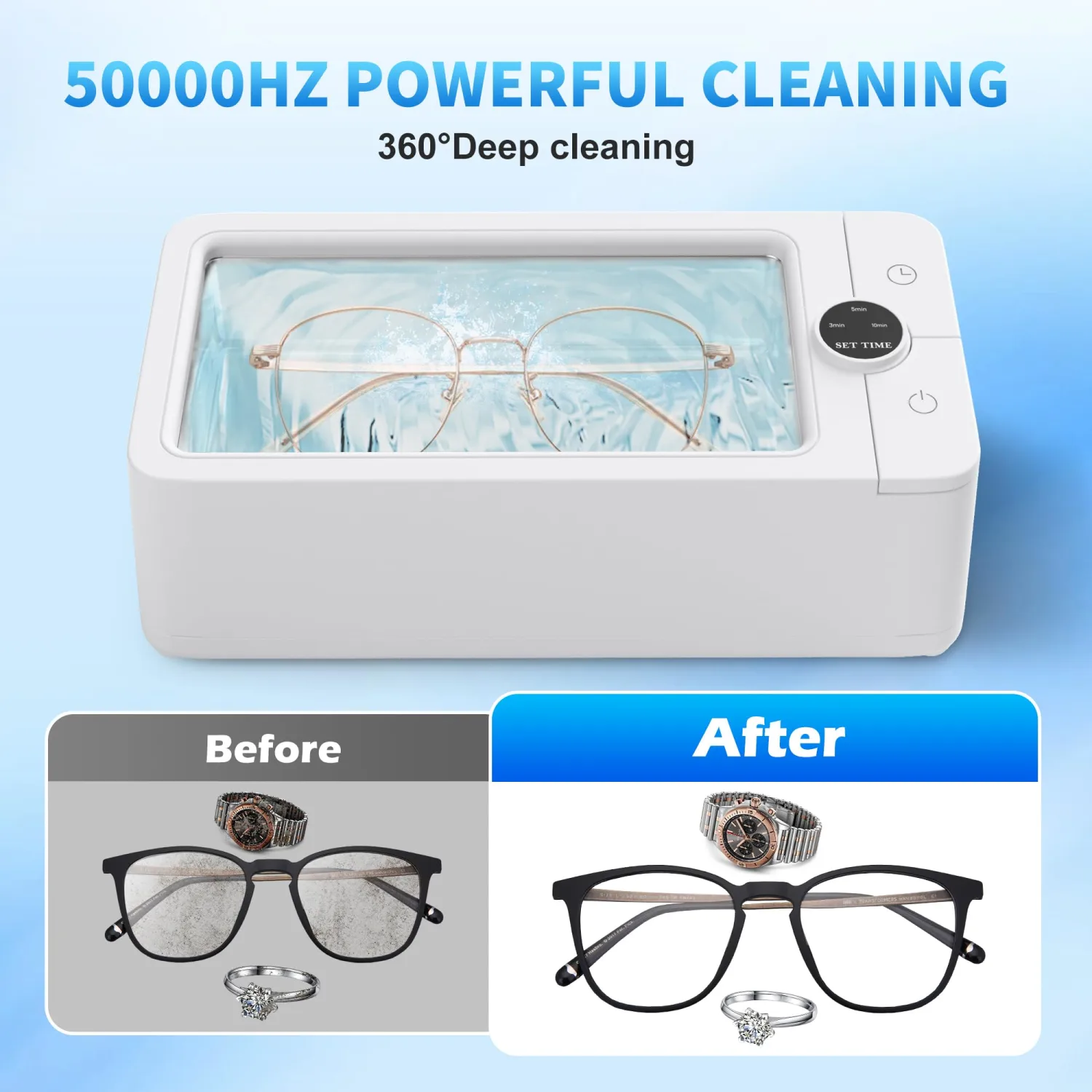 Ultrasonic Jewelry Cleaner, 50KHz Professional Jewelry Cleaner Machine with 3 Timer Modes for Jewelry, Eyeglasses, Rings, Watch Strap, Dentures, 304 Stainless Steel Tank