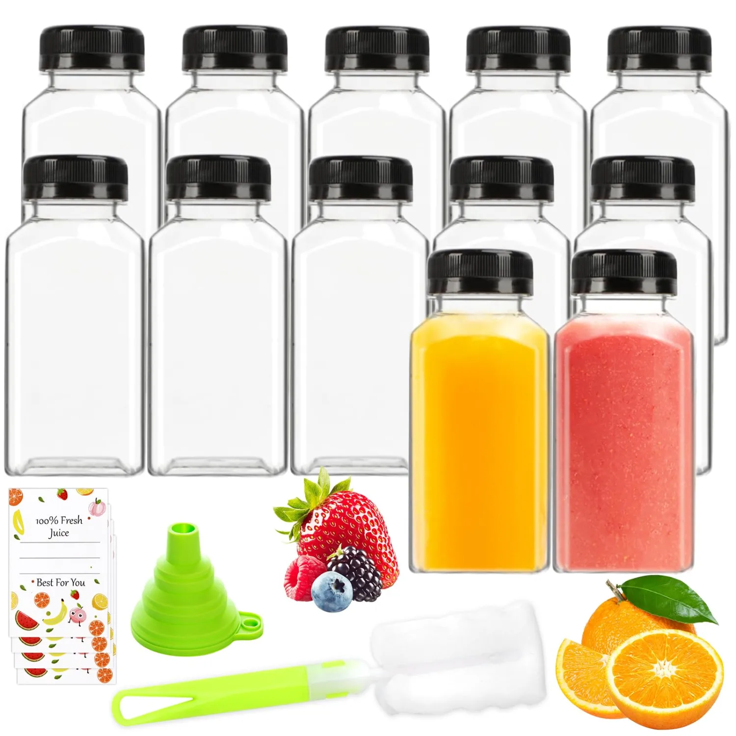 Juice Bottles - 8oz Bottles with Lids, 12 pcs Plastic Juice Containers with Caps Reusable Drink Containers for Juice Milk Coffee Water Smoothie and Other Beverages,Christmas gift