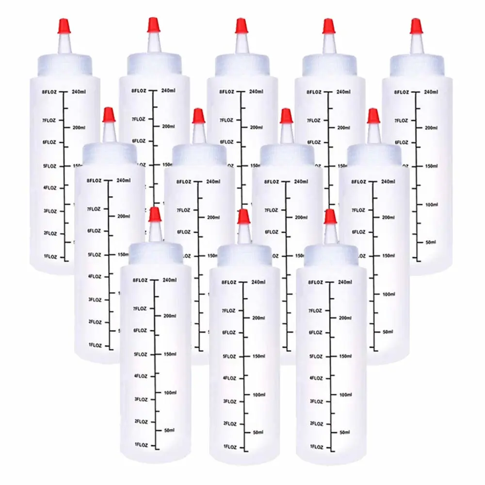 12 Pack 8 oz/240 ml Plastic Squeeze Bottles, Scale Squirt Bottle with Red Tip Cap and Black Scale for Ketchup, Sauces, Syrup, Dressings, BBQ, Crafts and More