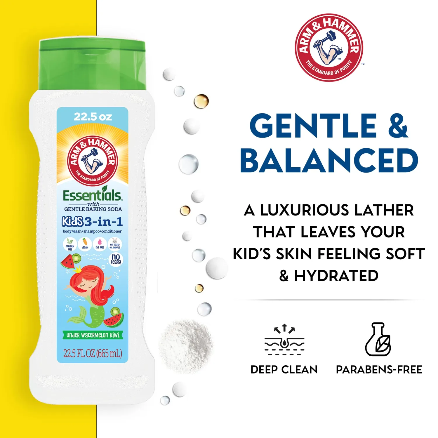 Arm & Hammer Essentials 3-in-1 Kids Watermelon Kiwi Shampoo, Conditioner and Non-Toxic Body Wash - 22.5oz