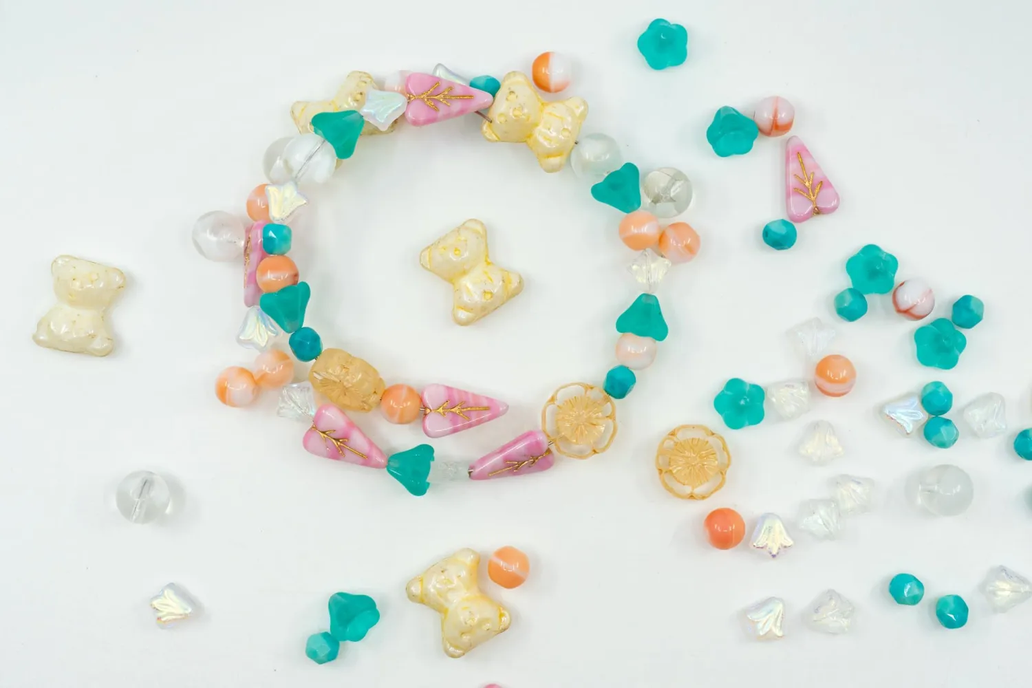 1.4oz (40g) Limited Mix of Czech Glass Beads, Hand Made Set Kit, Pink Turquoise Beige Cute Bear