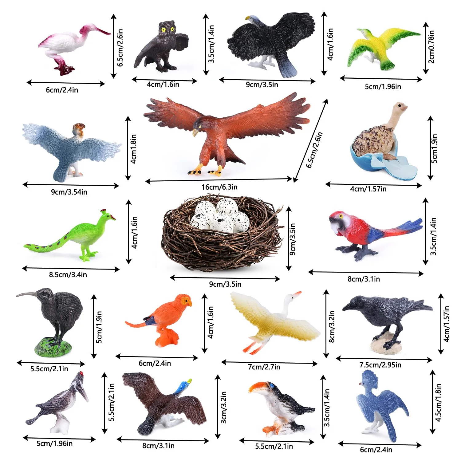 SIENON 23Pcs Birds Toys Playset, Assorted Wildlife Bird Figures with Nest, Raven, Kiwi, Ostrich, Macaw, Golden Eagle for Kids Educational Birthday Cake Décor Garden Accessories School Project