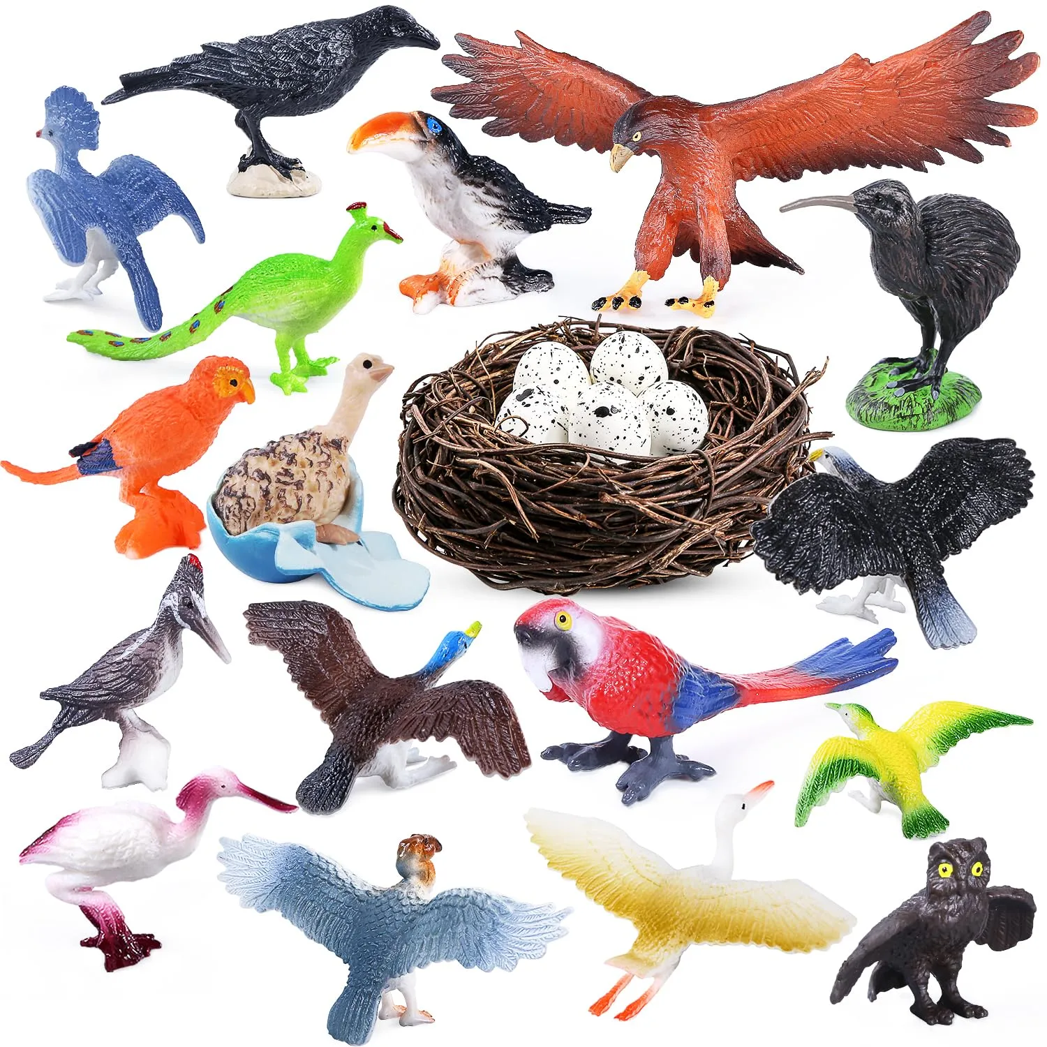 SIENON 23Pcs Birds Toys Playset, Assorted Wildlife Bird Figures with Nest, Raven, Kiwi, Ostrich, Macaw, Golden Eagle for Kids Educational Birthday Cake Décor Garden Accessories School Project
