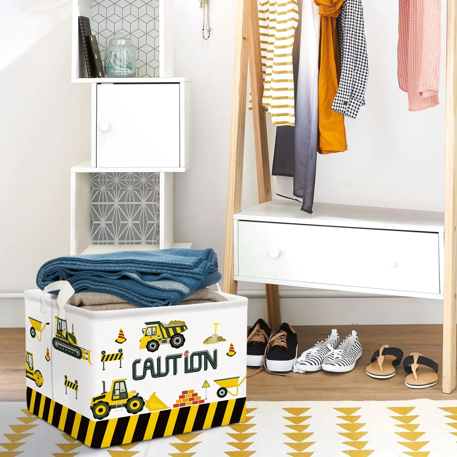 Clastyle Cartoon Construction Cars Shelf Basket for Kids Room Cranes Excavator Bulldozer White Rectangle Clothes Toys Cube Storage Basket, 36L