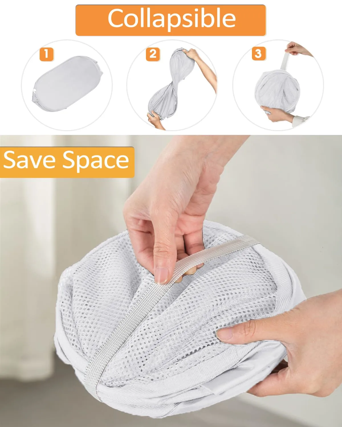 Durable Collapsible Laundry Baskets, Reinforced Mesh Pop Up Laundry Hamper, Foldable Clothes Hampers with Carry Handles for Laundry, Bathroom, Kids Room, Dorm or Travel White