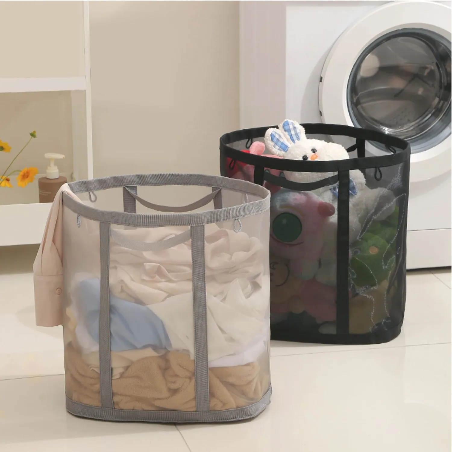 Mesh Bag with Handles, Collapsible Laundry Basket, Foldable Laundry Bag, Breathable Folding Beach Bag,Space-saving Travel Tote Bags (1, Black)