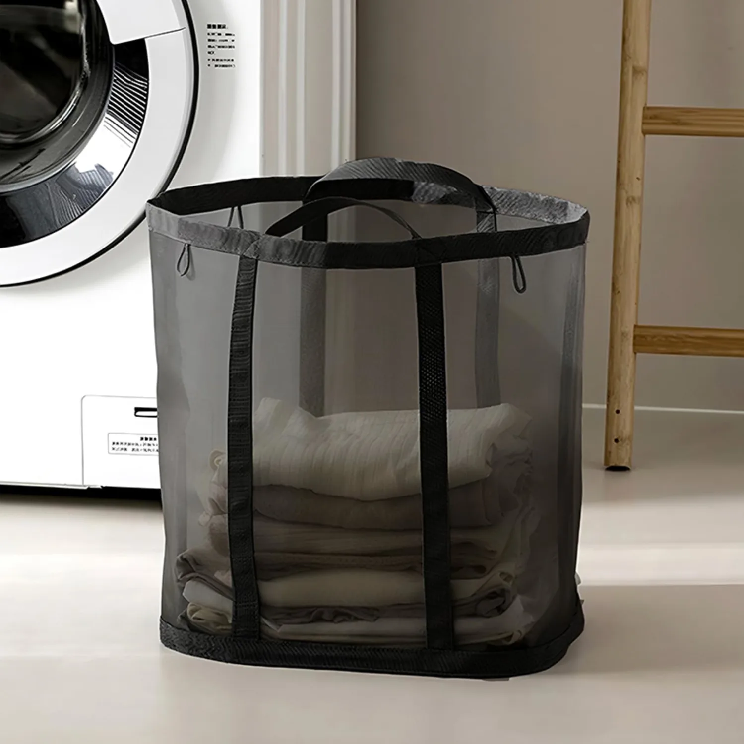 Mesh Bag with Handles, Collapsible Laundry Basket, Foldable Laundry Bag, Breathable Folding Beach Bag,Space-saving Travel Tote Bags (1, Black)