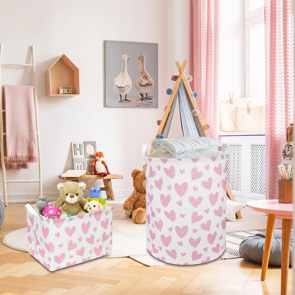 Pink Heart Laundry Hamper, Laundry Basket, Girls Nursery Hamper,Waterproof Storage Bin for Bedroom,Clothes Organizer Basket, Room Decor(Pink Heart)