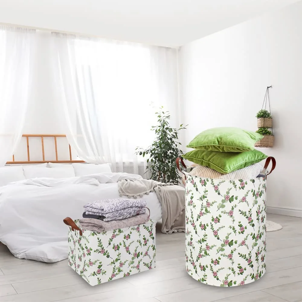 Large Round Canvas Linen Laundry Hamper,Waterproof Storage Bin for Books/Clothes, Laundry Basket, Gift Basket(Eucalyptus leaves)