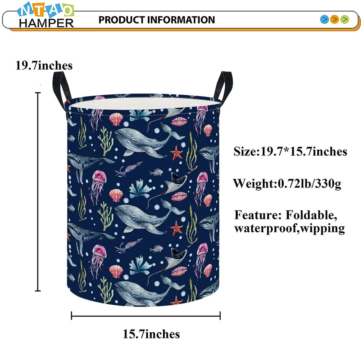 Laundry Hamper, Laundry Basket, Nursery Hamper, Waterproof Storage Bin, Clothes Organizer Basket, Room Decor(Watercolor Ocean)