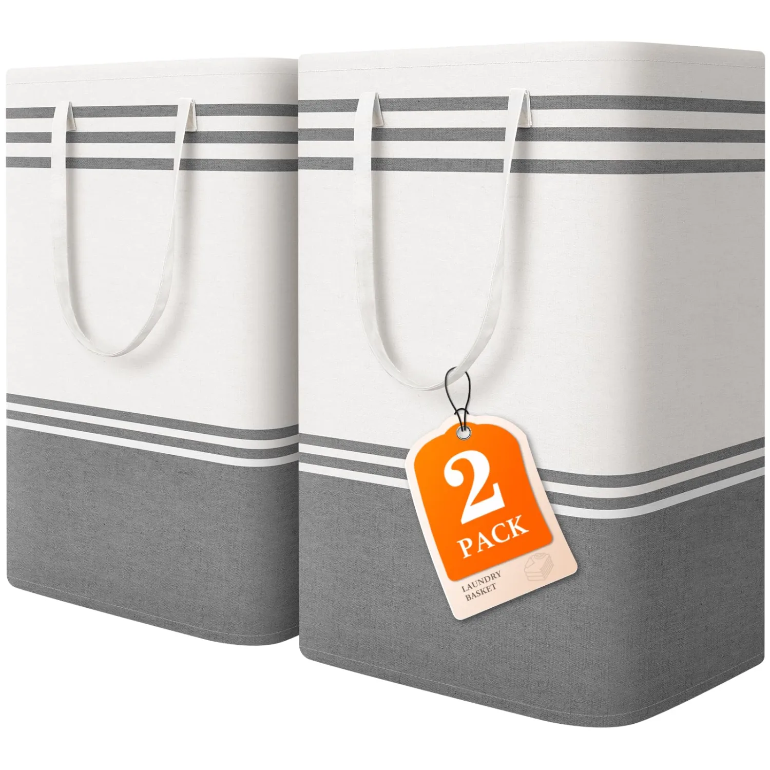 2 Pack Large Laundry Baskets, Laundry Hampers, Freestanding Waterproof Collapsible Clothes Bag with Extended & Reinforced Handles - Clothes Basket for Dorm, Bathroom, Home (Light Grey/75L)