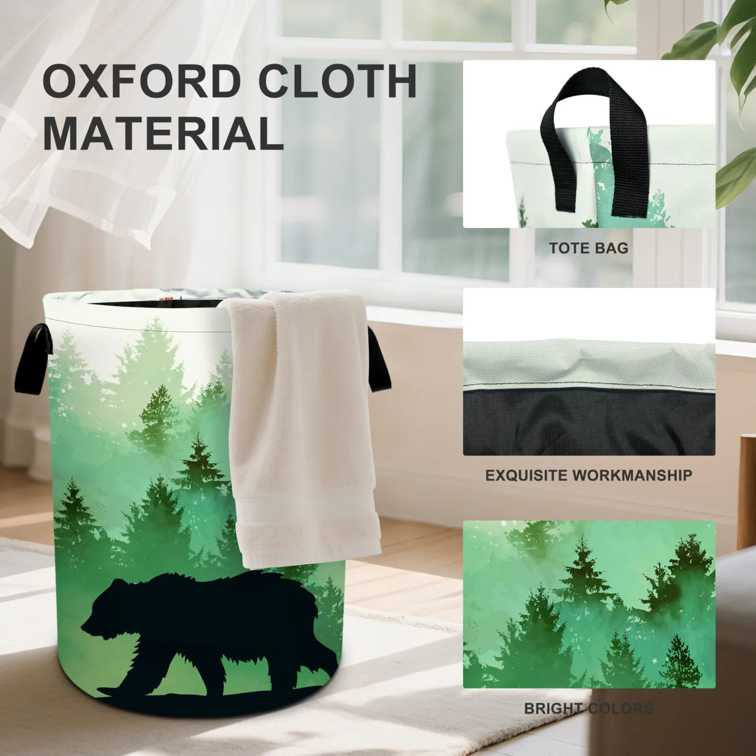 Misty Forest Bear Laundry Basket Laundry Hamper With Handles Collapsible Laundry Baskets Storage Basket For Room Bathroom Bedroom Decor