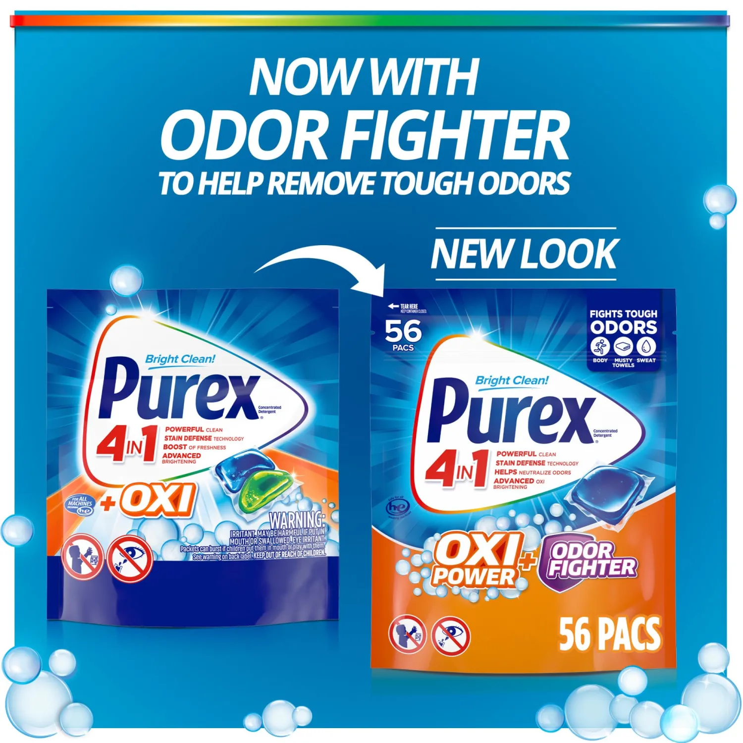 Purex Advanced Oxi with Odor Fighter Laundry Detergent Pacs, Oxi Power, 56 count, Pre Measured Pacs