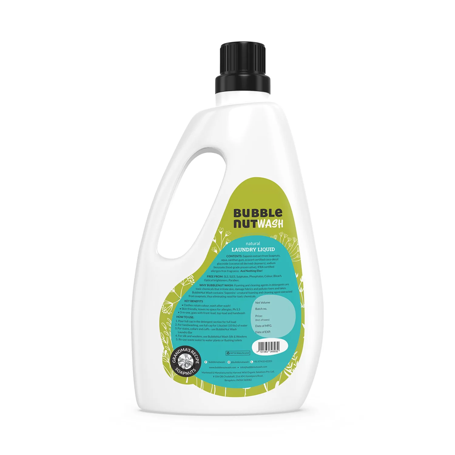 BubbleNut Wash Laundry Detergent Liquid - Natural, Organic, Baby safe, Herbal, Soap nuts based, Sensitive Skin, Hypoallergenic, Ecofriendly, Biodegradable, Gentle Fabric wash 1 l (Pack of 1)