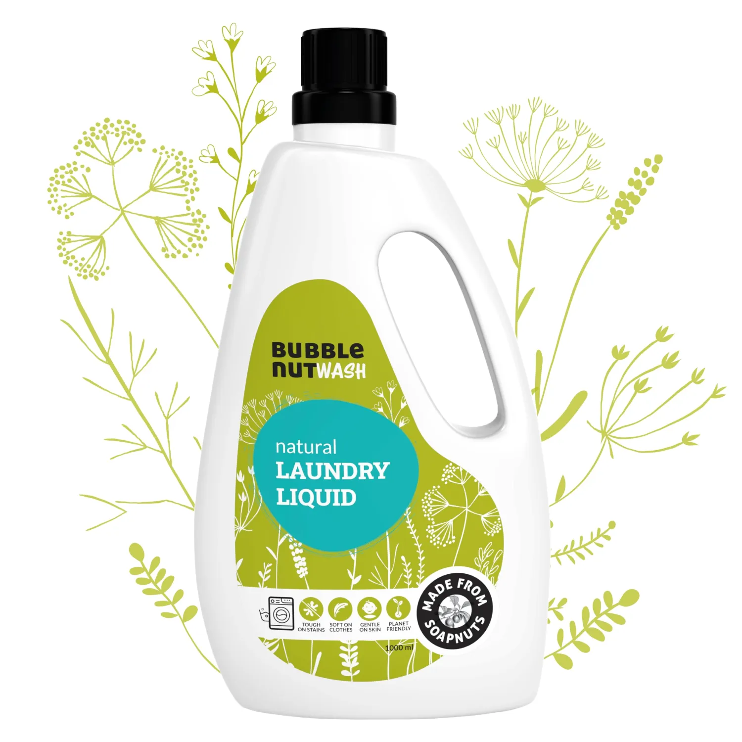 BubbleNut Wash Laundry Detergent Liquid - Natural, Organic, Baby safe, Herbal, Soap nuts based, Sensitive Skin, Hypoallergenic, Ecofriendly, Biodegradable, Gentle Fabric wash 1 l (Pack of 1)