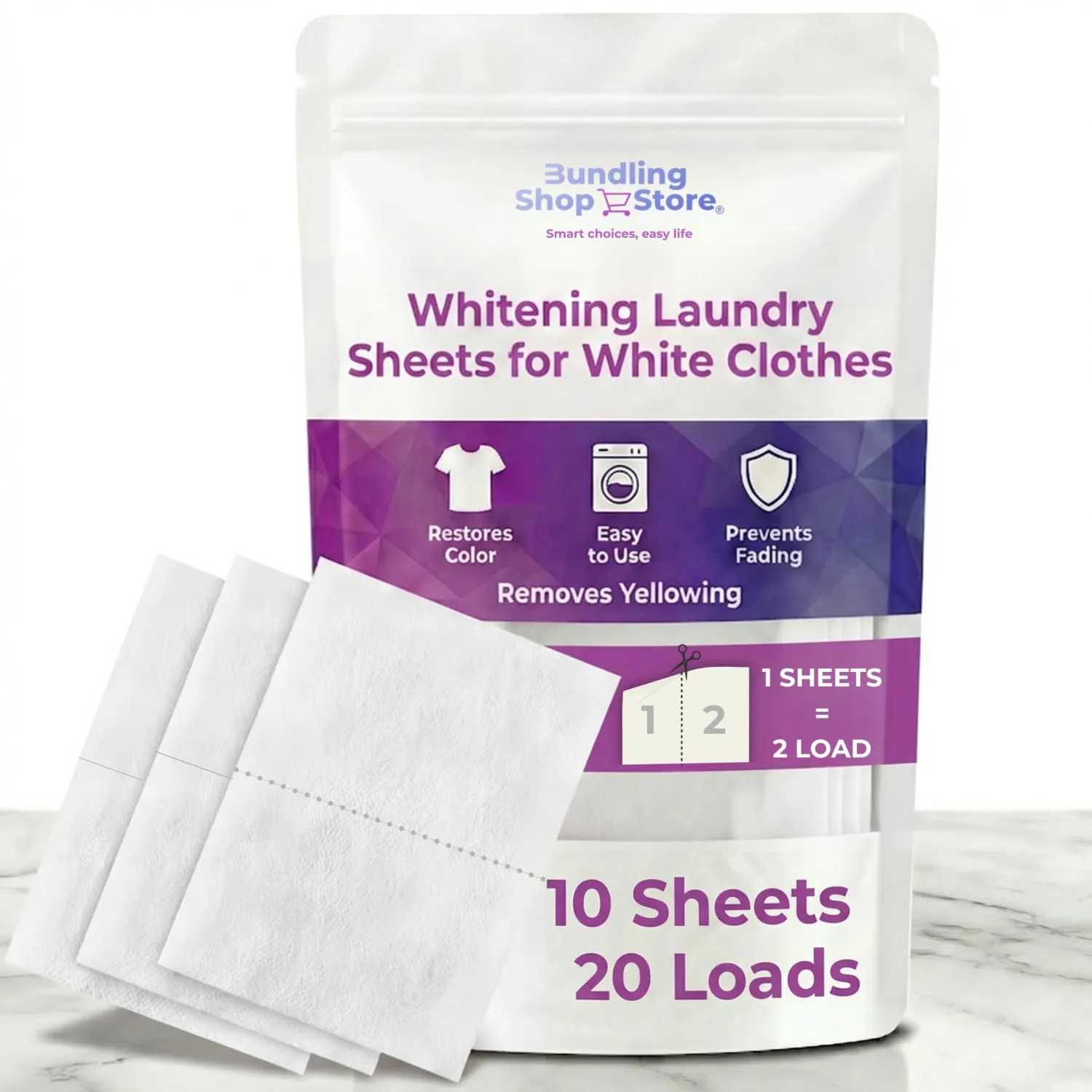 Fabric Sheets for White Clothes - Whitening Laundry (10 Pack) – Anti-Yellowing Treatment & Heavy Duty Stain Remover – Bleach-Free White Reviver for Brighter - Crisper Linens - 10 SHEETS = 20 LOADS
