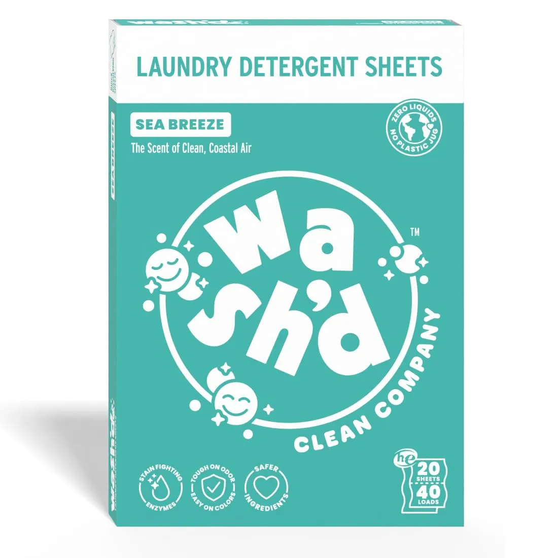 Wash'd Laundry Detergent Sheets - 40 Loads - Non Toxic Stain Fighting Enzymes - Plastic Free Travel Friendly Drawer Box - Sea Breeze