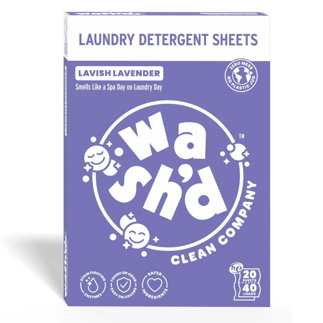 Wash'd Laundry Detergent Sheets - 40 Loads - Non Toxic Stain Fighting Enzymes - Plastic Free Travel Friendly Drawer Box - Lavish Lavendar