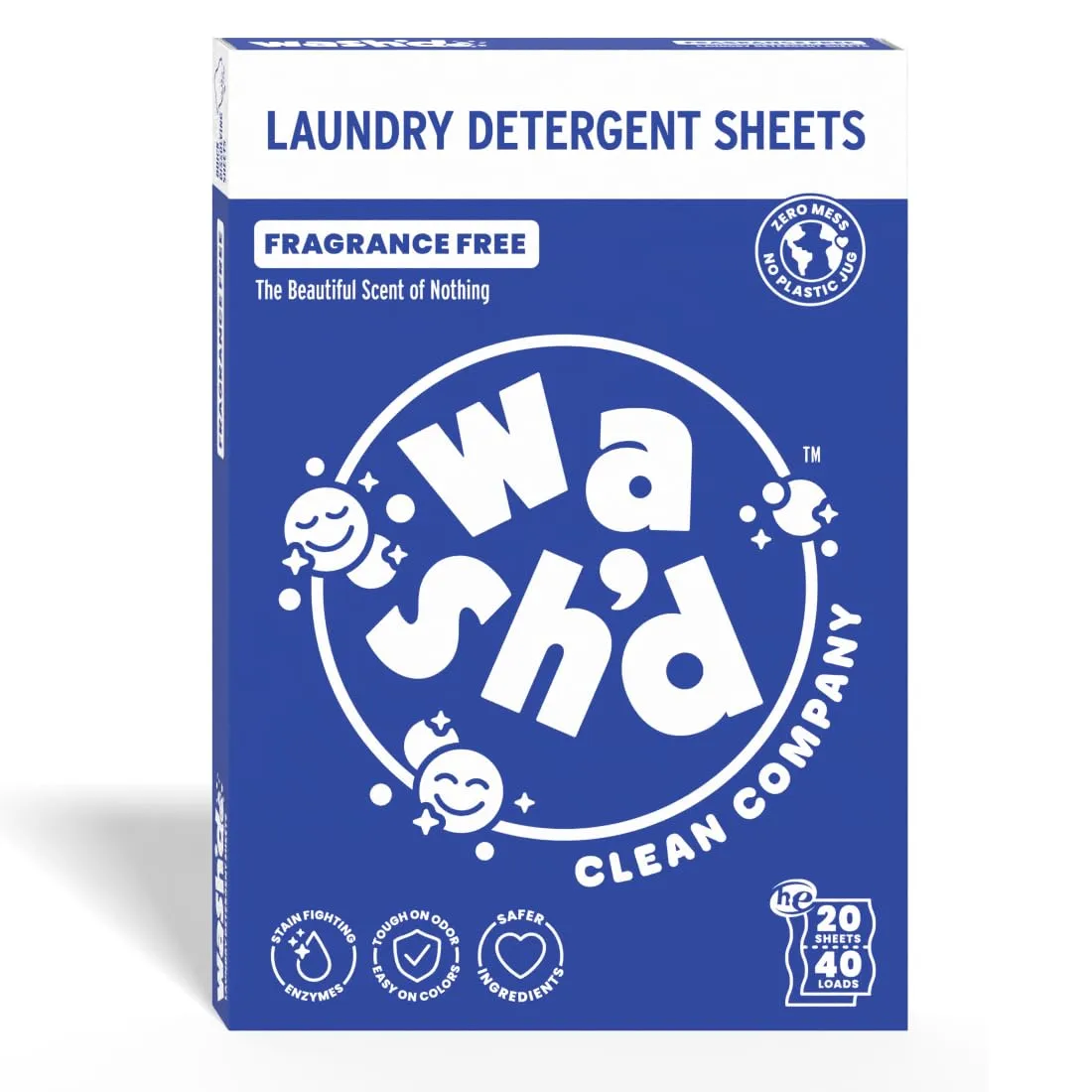 Wash'd Laundry Detergent Sheets - Unscented 40 Loads - Non Toxic Stain Fighting Enzymes Free and Clear - Plastic Free Travel Friendly Drawer Box