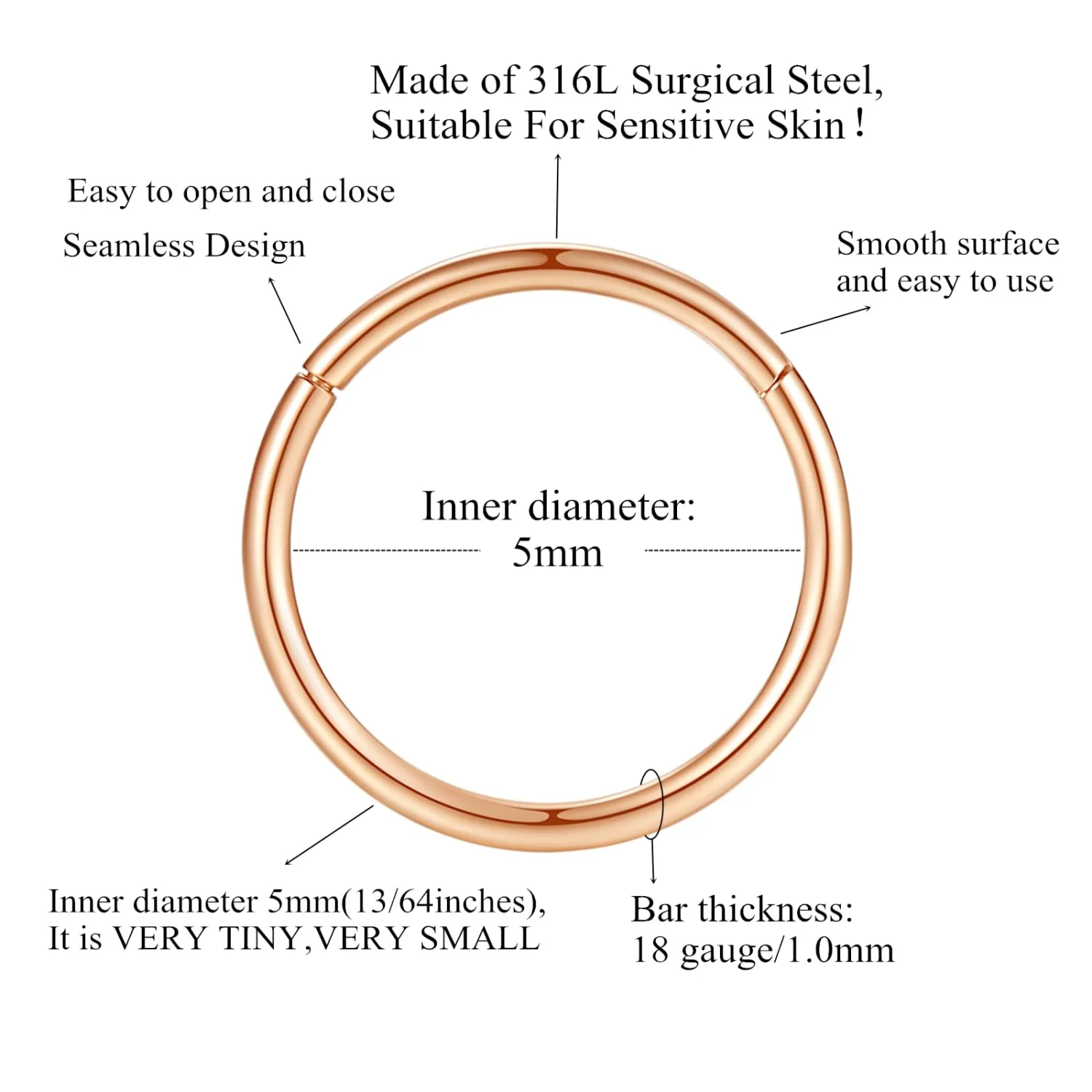 ORANGELOVE Hypoallergenic Nose Rings 20G 18G 16G 14G 12G 10G 8G 316l Surgical Steel Septum Jewelry Hinged Segment Ring Body Piercing Nose Hoop Lip Rings Nose Helix Cartilage Rook Earrings