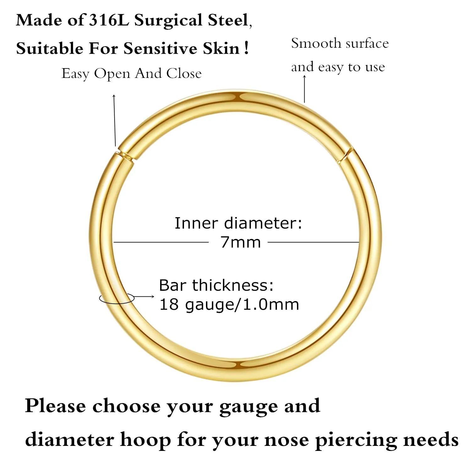ORANGELOVE Hypoallergenic Nose Rings 20G 18G 16G 14G 12G 10G 8G 316l Surgical Steel Septum Jewelry Hinged Segment Ring Body Piercing Nose Hoop Lip Rings Nose Helix Cartilage Rook Earrings