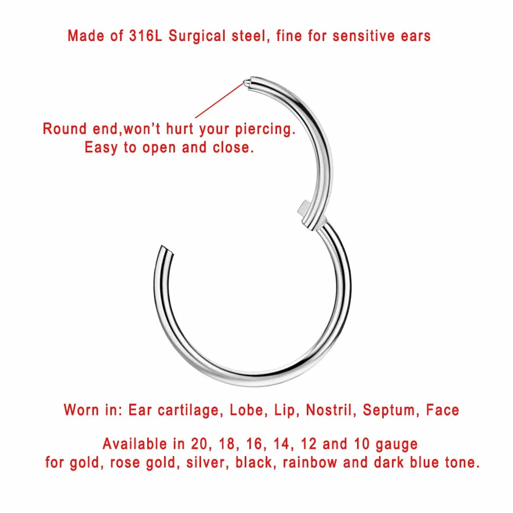 FANSING Men Women 316L Surgical Steel Hinged Nose Rings Hoop for Nostril Septum Cartilage Helix Daith Tragus Rook Conch Lip Ear Lobe Piercings