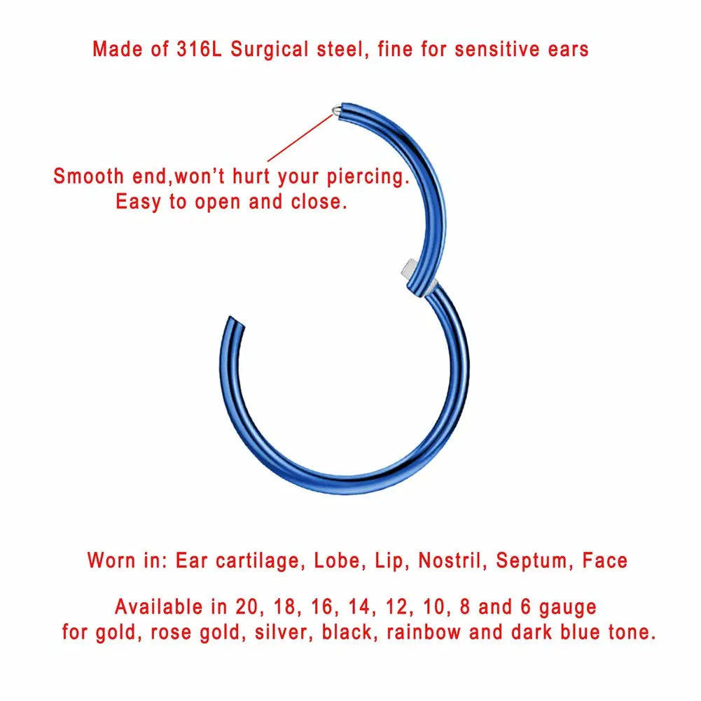FANSING Men Women 316L Surgical Steel Hinged Nose Rings Hoop for Nostril Septum Cartilage Helix Daith Tragus Rook Conch Lip Ear Lobe Piercings