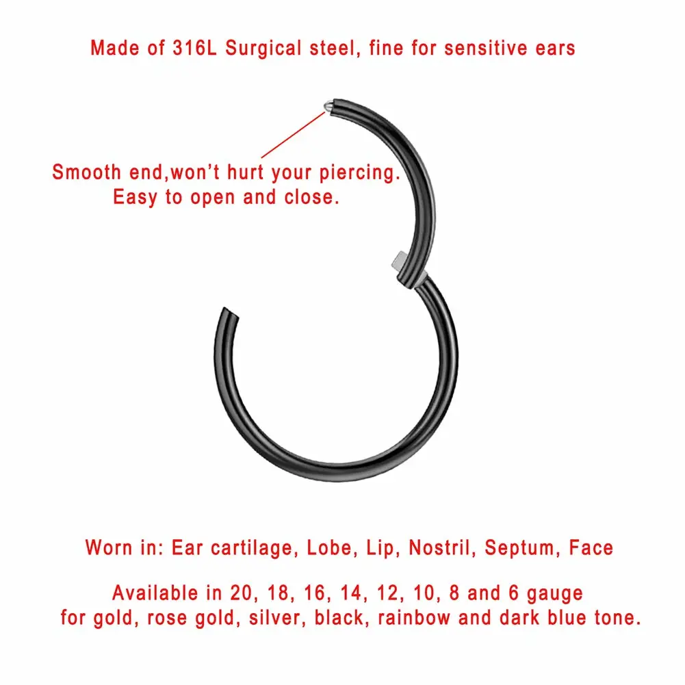 FANSING Men Women 316L Surgical Steel Hinged Nose Rings Hoop for Nostril Septum Cartilage Helix Daith Tragus Rook Conch Lip Ear Lobe Piercings