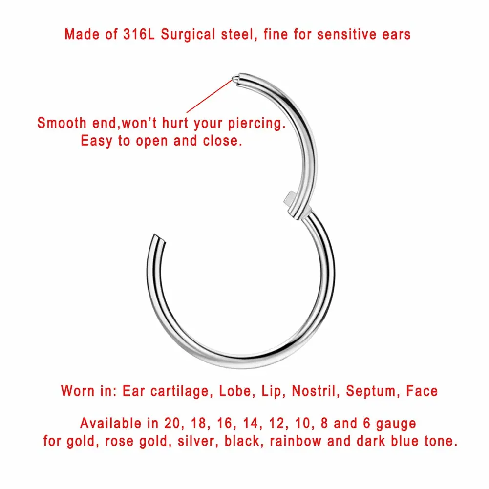 FANSING Men Women 316L Surgical Steel Hinged Nose Rings Hoop for Nostril Septum Cartilage Helix Daith Tragus Rook Conch Lip Ear Lobe Piercings