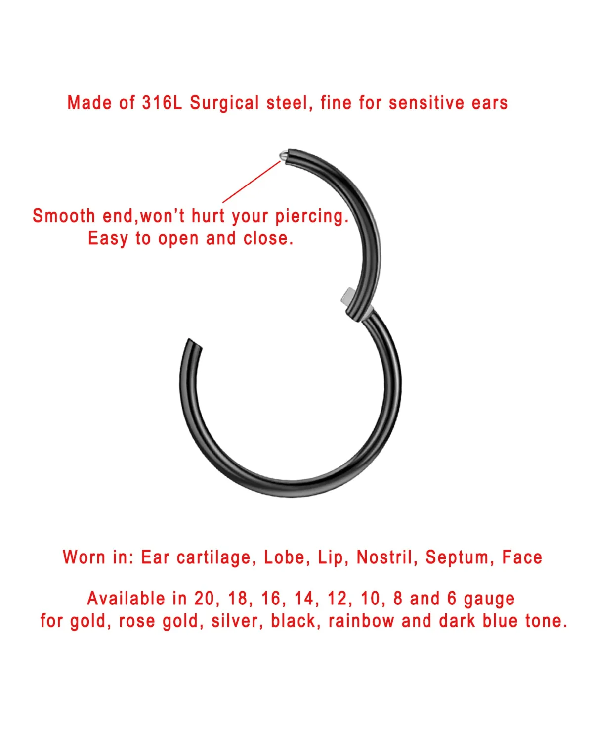 FANSING Men Women 316L Surgical Steel Hinged Nose Rings Hoop for Nostril Septum Cartilage Helix Daith Tragus Rook Conch Lip Ear Lobe Piercings