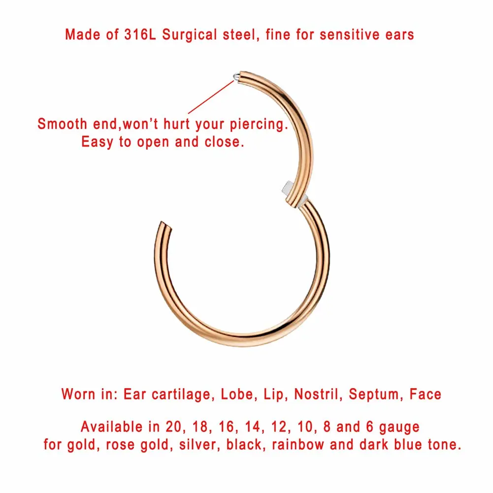 FANSING Men Women 316L Surgical Steel Hinged Nose Rings Hoop for Nostril Septum Cartilage Helix Daith Tragus Rook Conch Lip Ear Lobe Piercings