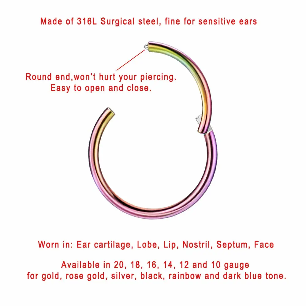 FANSING Men Women 316L Surgical Steel Hinged Nose Rings Hoop for Nostril Septum Cartilage Helix Daith Tragus Rook Conch Lip Ear Lobe Piercings