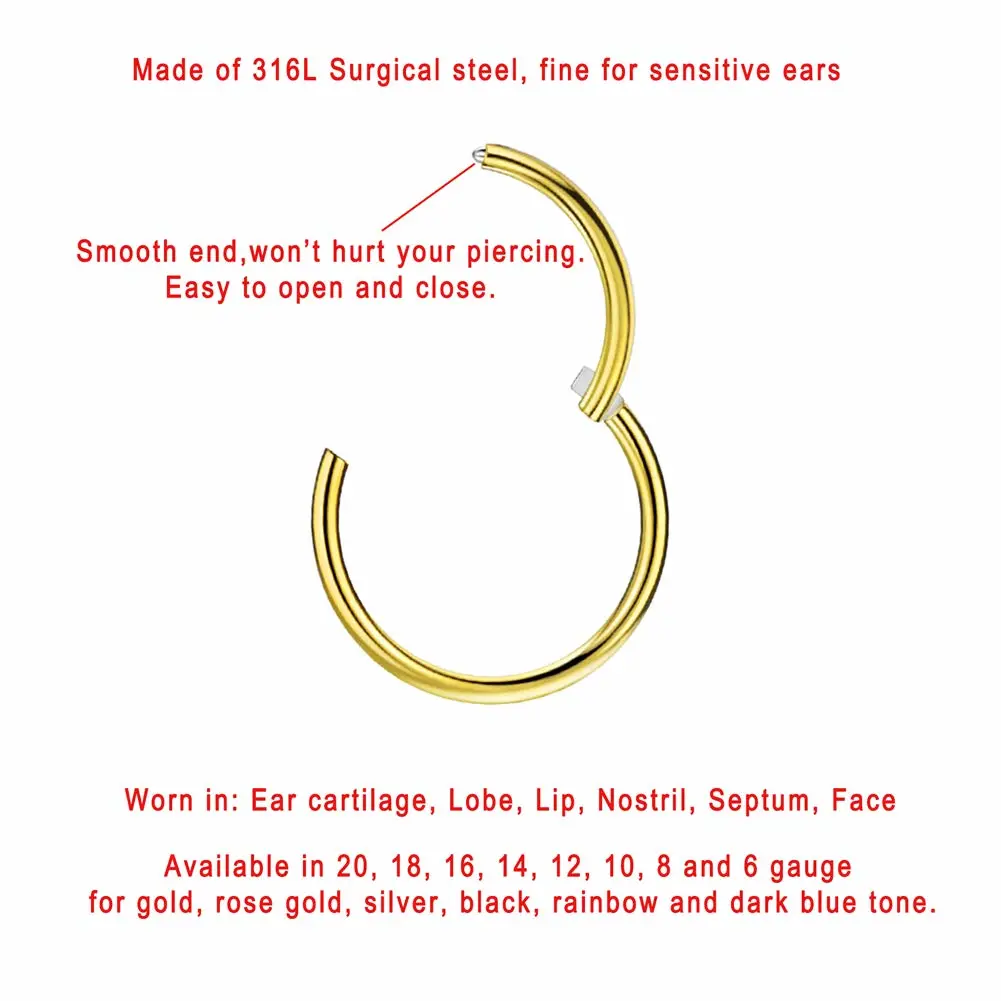 FANSING Men Women 316L Surgical Steel Hinged Nose Rings Hoop for Nostril Septum Cartilage Helix Daith Tragus Rook Conch Lip Ear Lobe Piercings