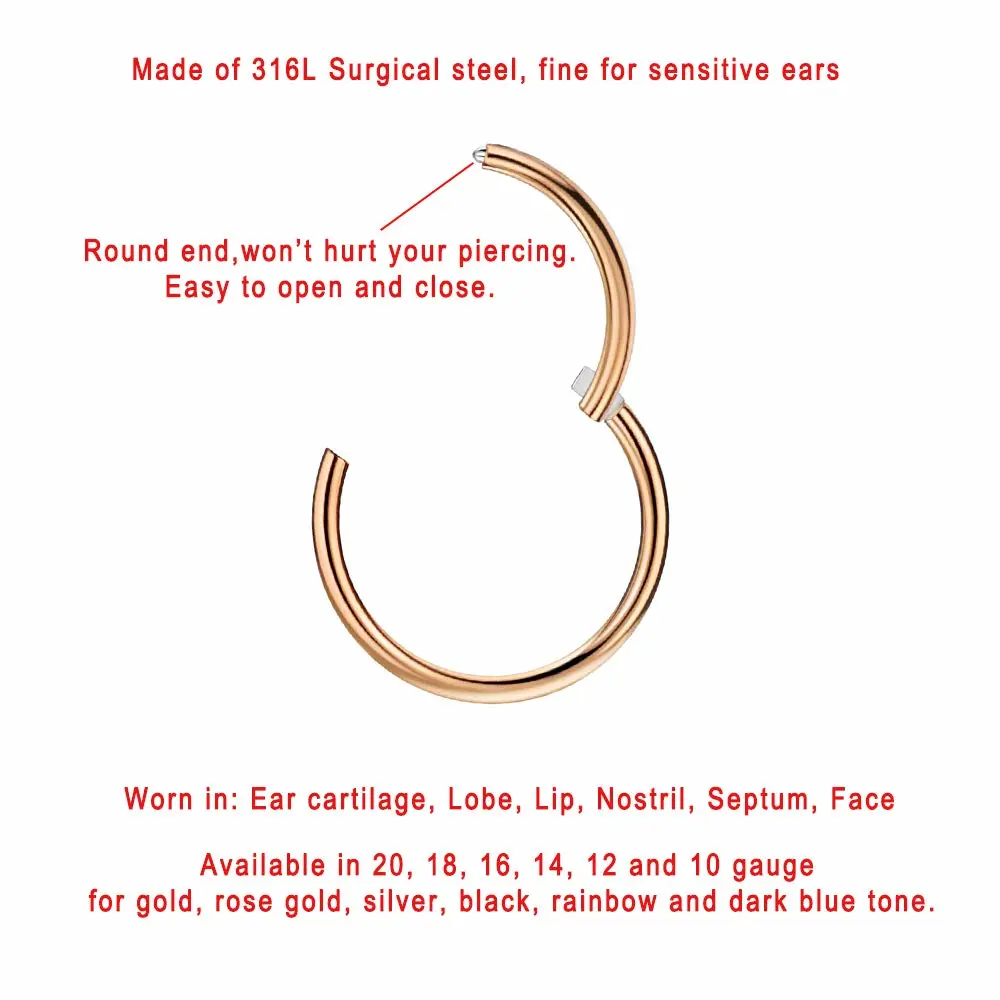 FANSING Men Women 316L Surgical Steel Hinged Nose Rings Hoop for Nostril Septum Cartilage Helix Daith Tragus Rook Conch Lip Ear Lobe Piercings