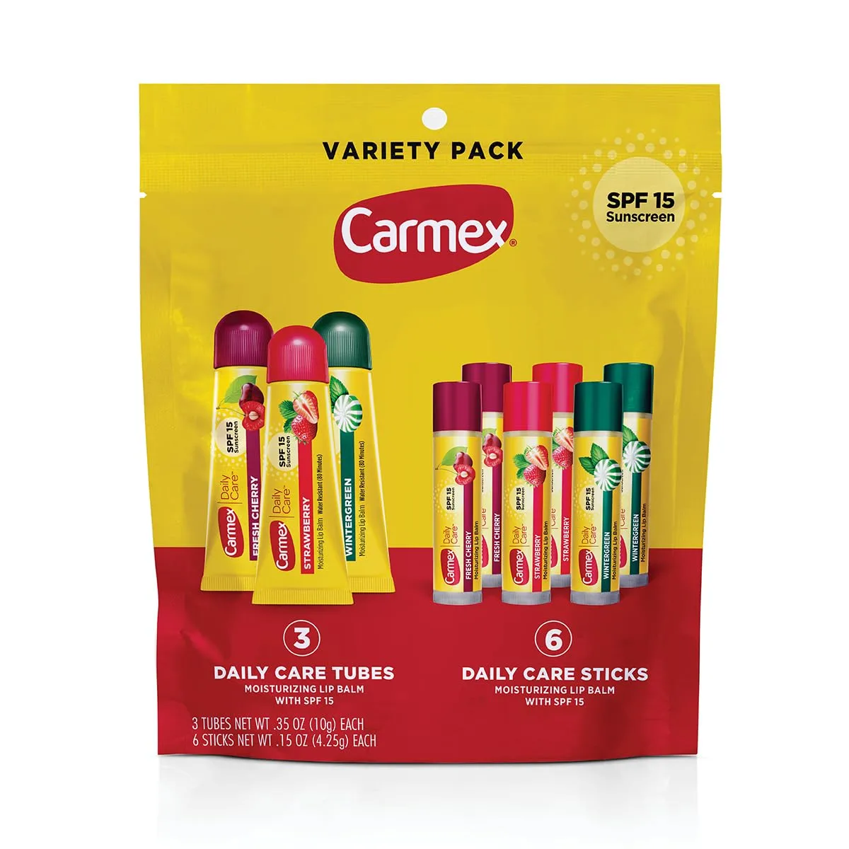 Carmex Daily Care Moisturizing Lip Balm Pack, SPF 15, Multi-Flavor Lip Care Variety Pack Bag, 9 Count (3 Tubes, 6 Sticks)