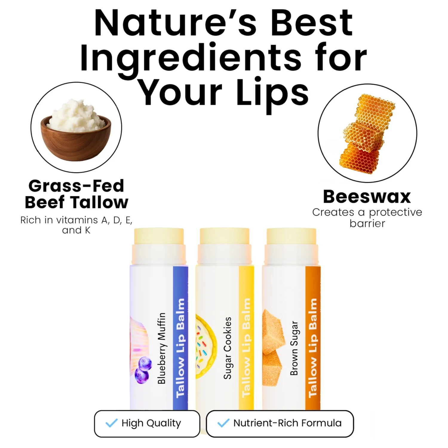 Tallow Lip Balm by Cattle Creek – All-Natural Ingredients, Long-Lasting Moisture and Hydration for Dry, Cracked, and Chapped Lips, Soothing Formula for Soft Skin (Pack of 3, Baker's Collection)