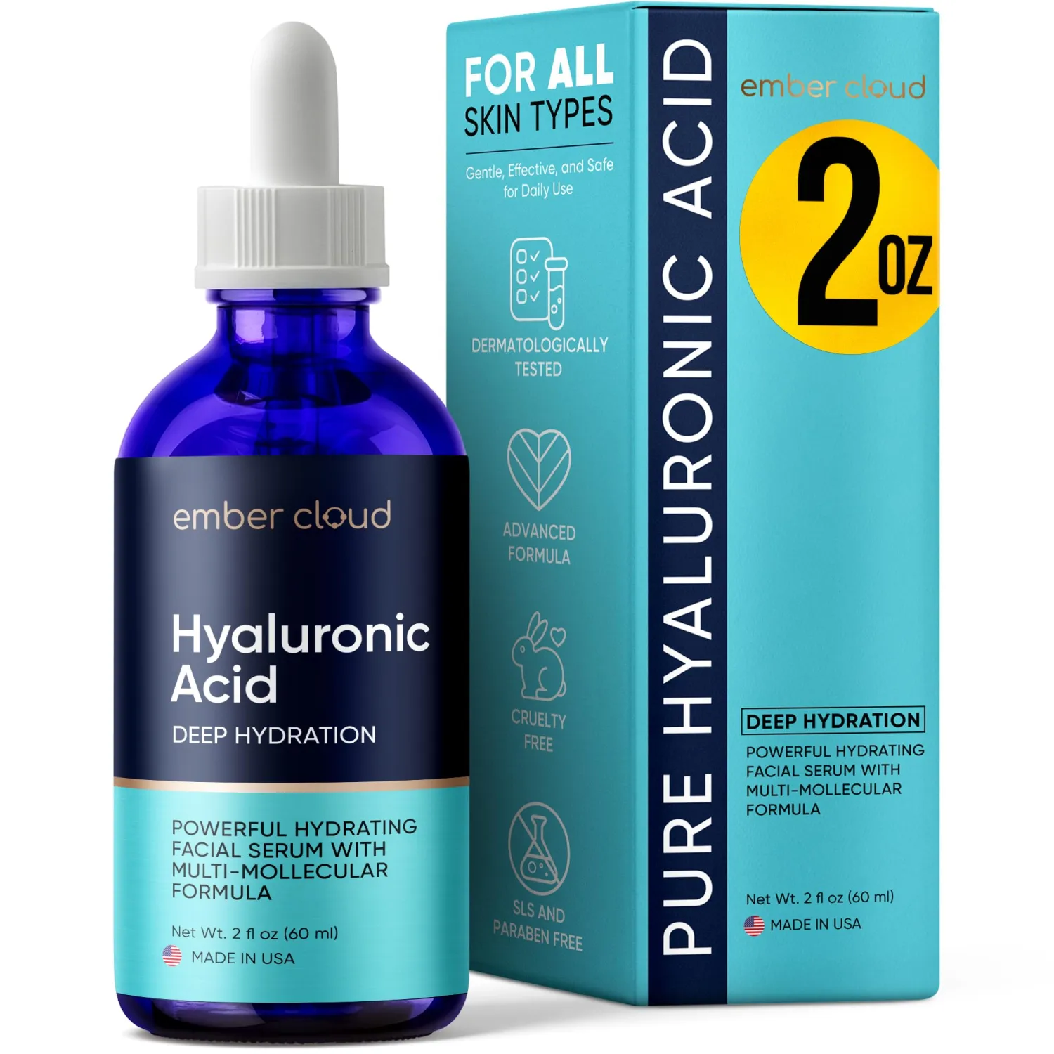 Hyaluronic Acid Serum for Face (2 Oz) for Skin and Lips - Hydrating & Moisturizing Serum for All Skin Types, Paraben-Free & Fragrance-Free