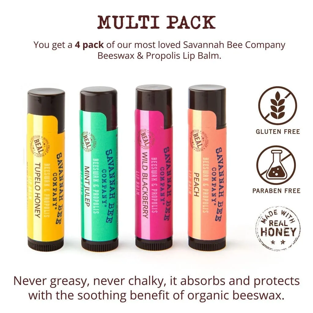 Savannah Bee Company Bee Sweet Collection Lip Care - All Day Hydration Lip Balm - Natural Honey Propolis - 4 Count