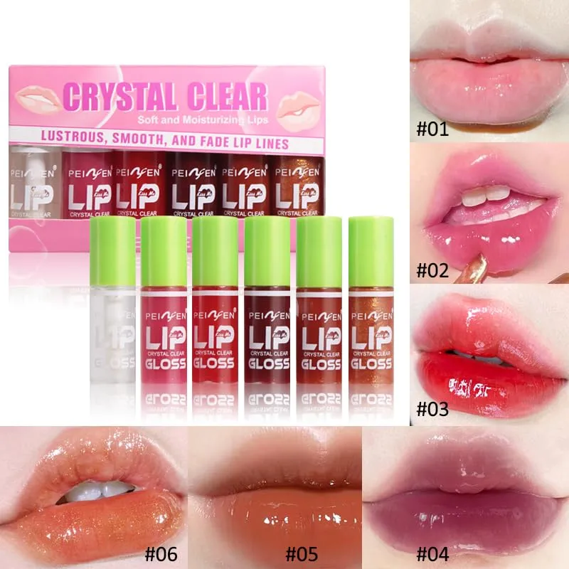 6PCS Crystal Clear Lip Oil Lip Gloss Set, Long-Lasting Glass Shine, Non-Sticky Moisturizing Formula | Soft Brush Head Tinted Lip Color, Hydrating Transparent Lip Oil for Smooth, Plump Lips