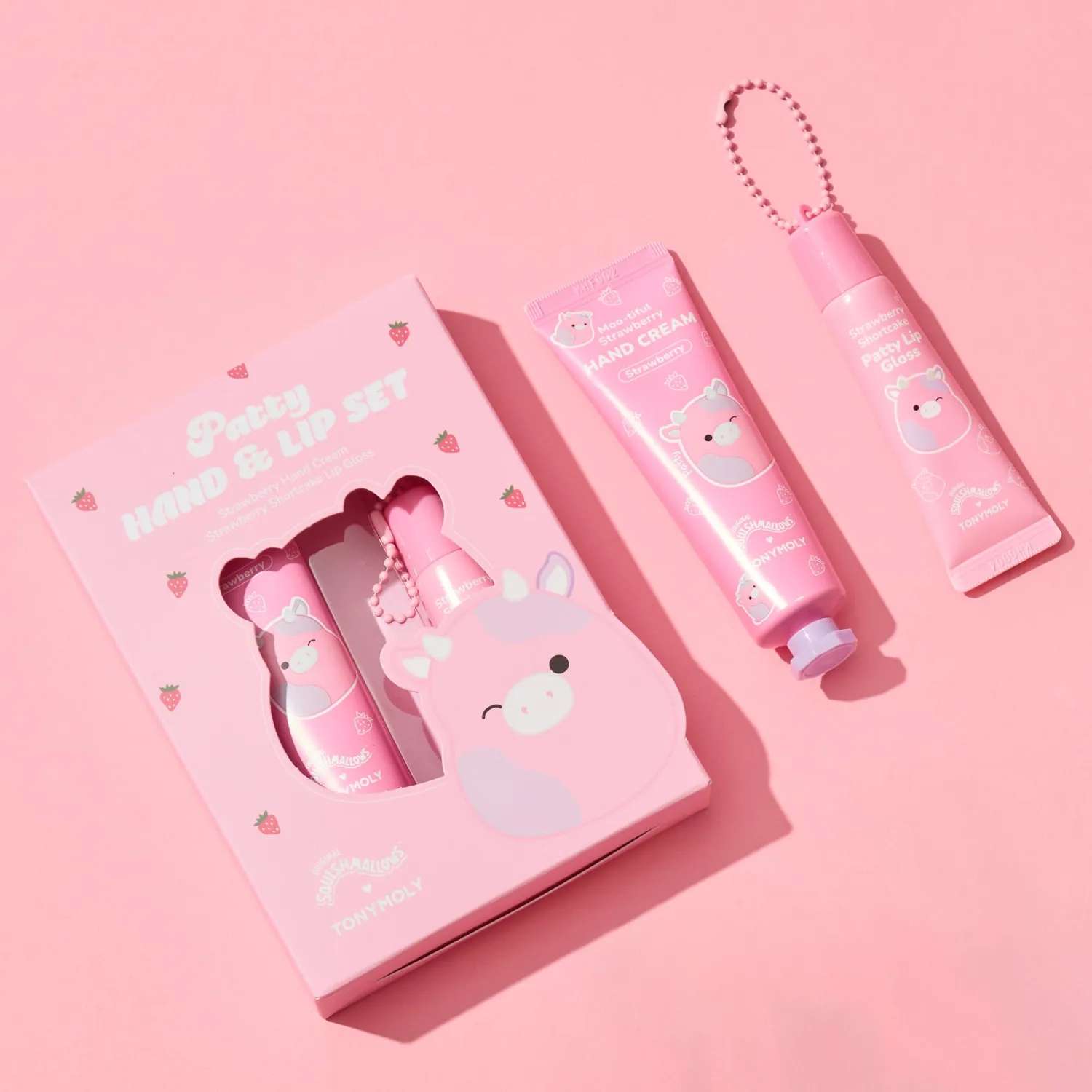 TONYMOLY x Squishmallows Patty the Cow 2-Piece Skincare & Beauty Gift Set – Strawberry Hand Cream & Strawberry Shortcake Lip Gloss – Cute Korean Skincare Gift
