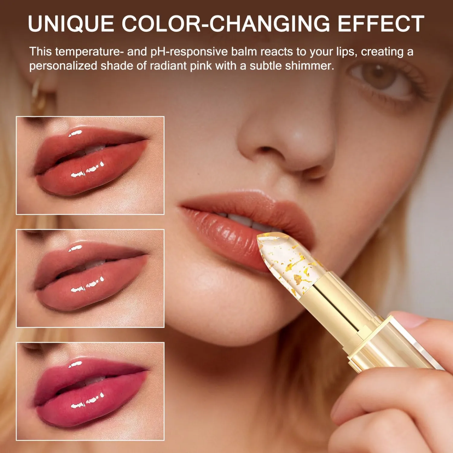 Transfer-Proof Color Changing Lipstick for Women, Long-Lasting pH Color Changing Lipstick with Clear Gold Foil, Hyaluronic Acid, Moisturizing & Nourishing Lip Balm