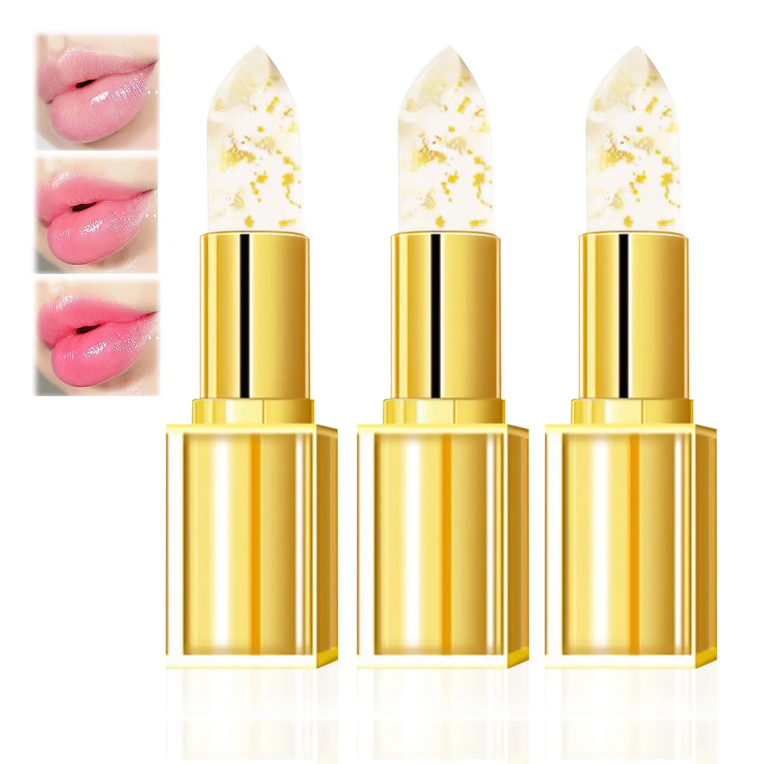 Transferproof Color Changing Lipstick, Clear Gold Crystal Colors Changing Lipsticks for Women,Color Changing Lipstick,Long Lasting Moisturizing Glossy Shine Lip Gloss,Deep Nourishment Formula (3PCS)