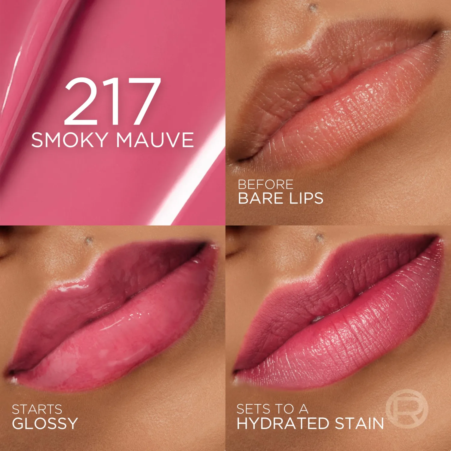L'Oreal Paris Hyaluron Tint Lip Stain Serum, Long Lasting, Hydrating Lip Makeup Infused with Hyaluronic Acid, 217 Smoky Mauve (Dusky Pink)