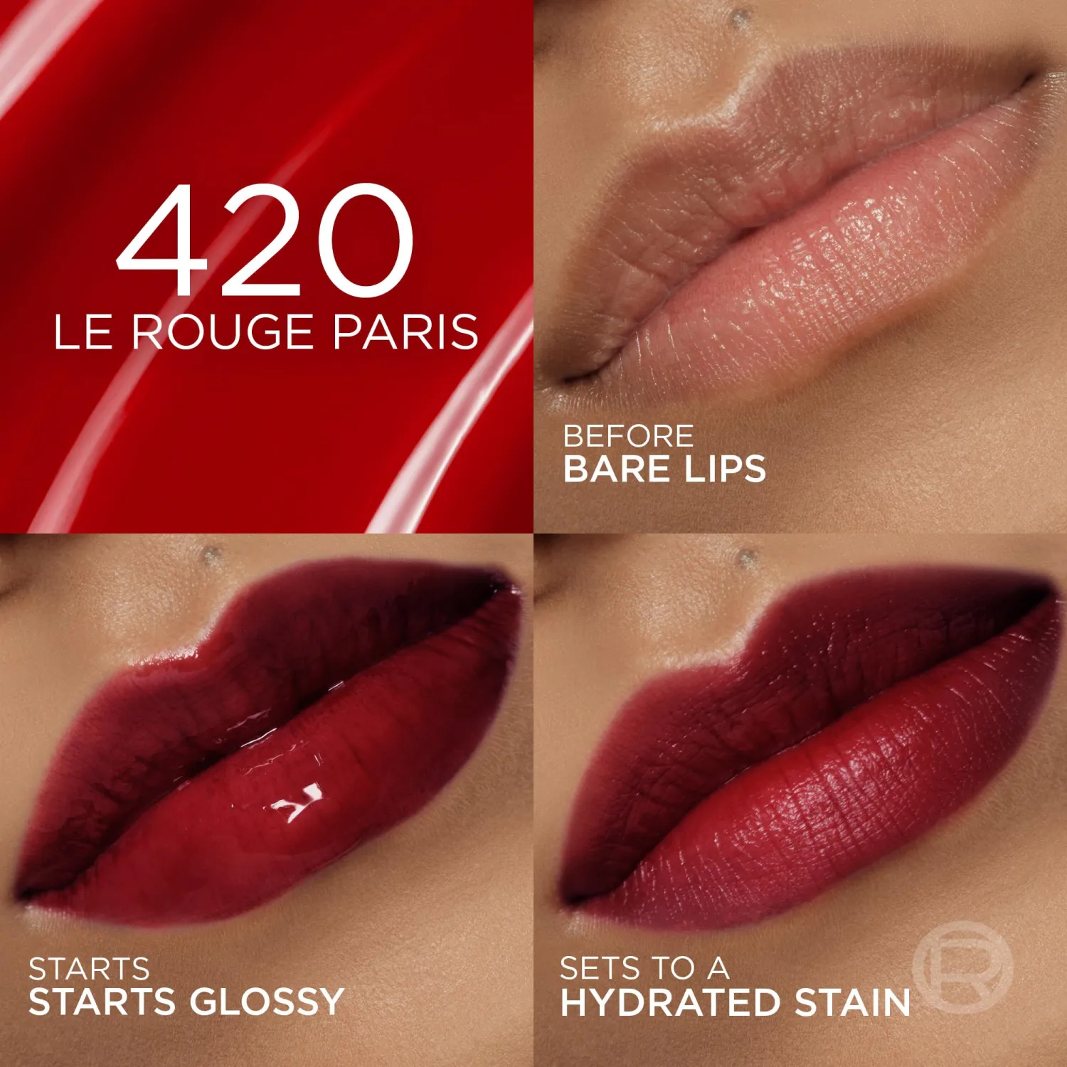 L'Oreal Paris Hyaluron Tint Lip Stain Serum, Long Lasting, Hydrating Lip Makeup Infused with Hyaluronic Acid, 420 Le Rouge Paris (Universal Red)