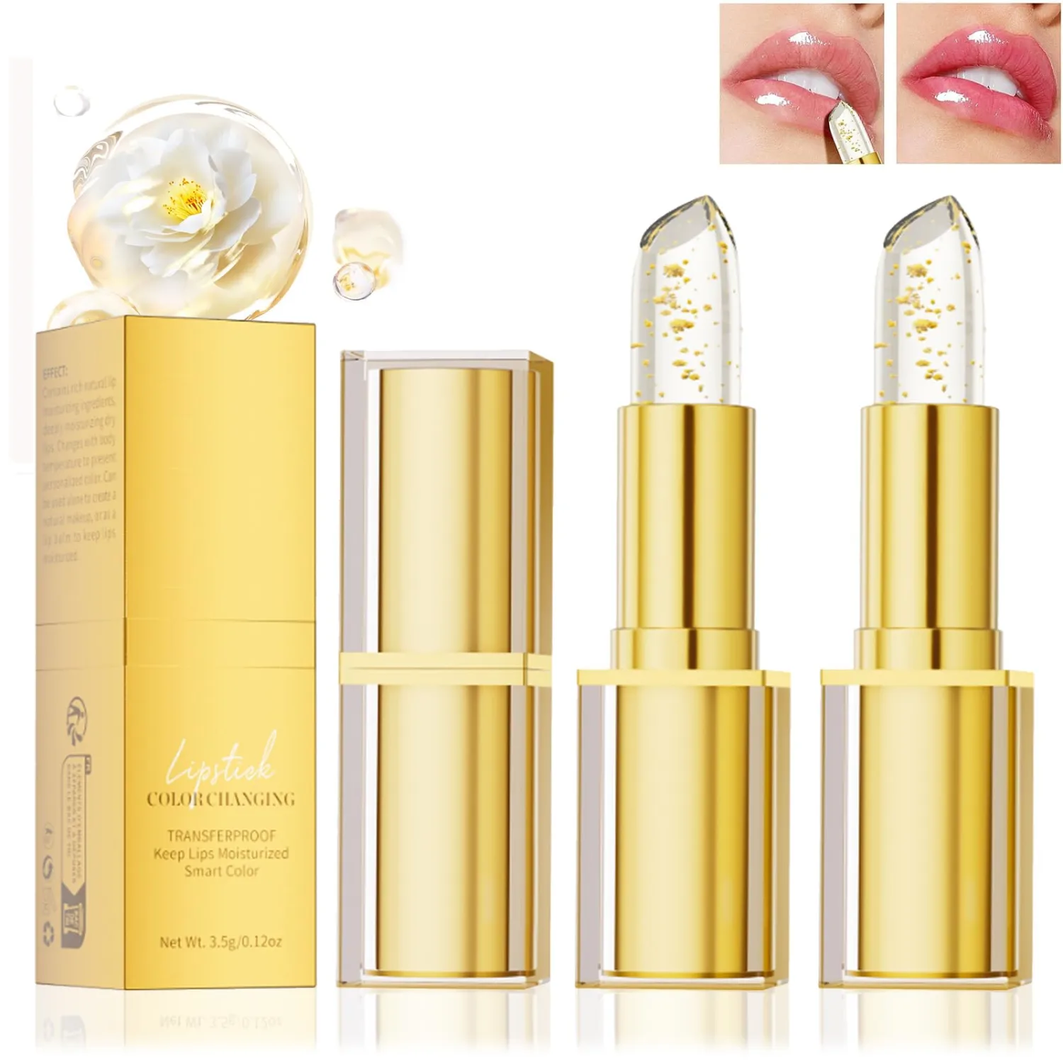2Pcs Color Changing Lipstick, Transferproof Ph Color Changing Lipstick for Women,Clear Gold foil lip stick That Changes Color,Long Lasting 24 Hours Moisturizing