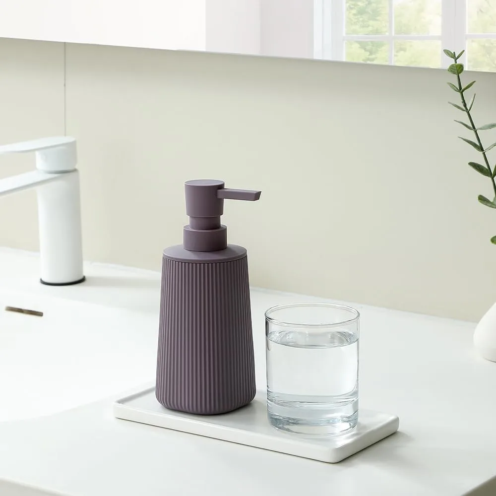 Small Soap Dispenser for Bathroom and Kitchen, Modern Farmhouse Striped Style Plastic Hand Soap Dish Soap Dispenser with Pump Matte Purple