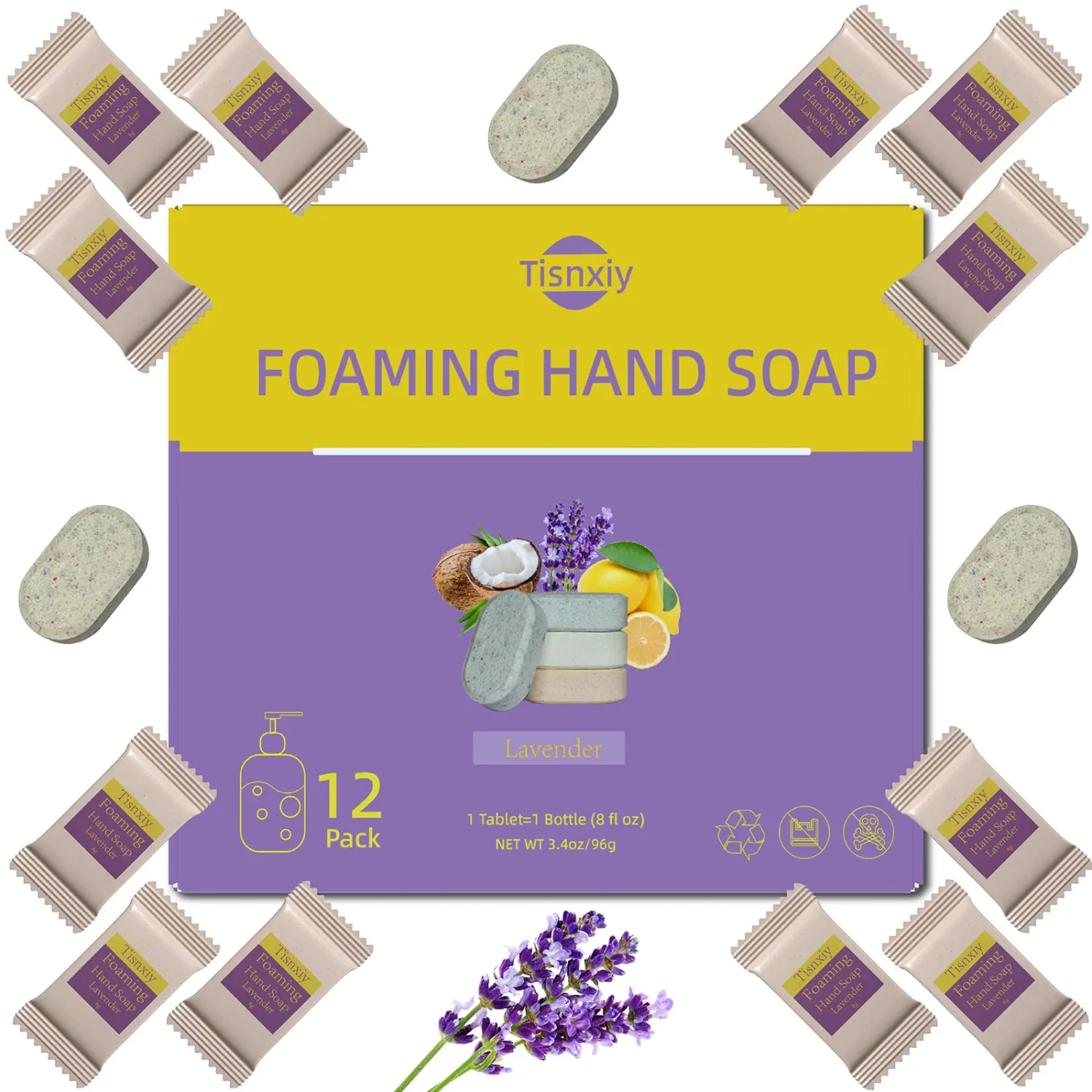 Foaming Hand Soap Tablet Refills - 12 Count- 96 fl oz total (12x 8 fl oz) - Eco-Friendly Foaming Hand Soap Refill - Gentle on Hands, Kind to Earth - Lavender