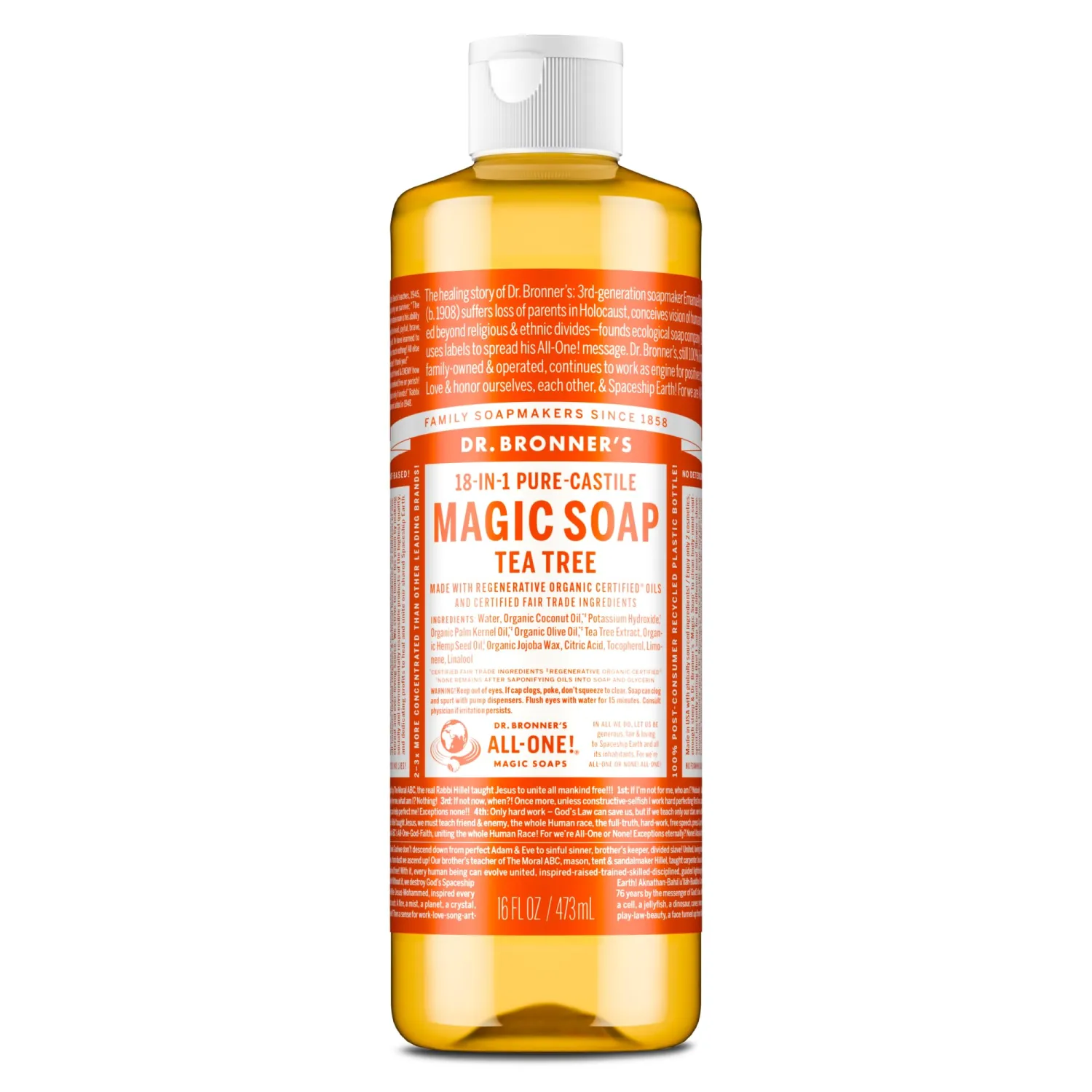 Dr. Bronner's - Pure-Castile Liquid Soap (Tea Tree, 16 ounce) - Made with Organic Oils, 18-in-1 Uses: Acne-Prone Skin, Dandruff, Laundry, Pets and Dishes, Concentrated, Vegan, Non-GMO