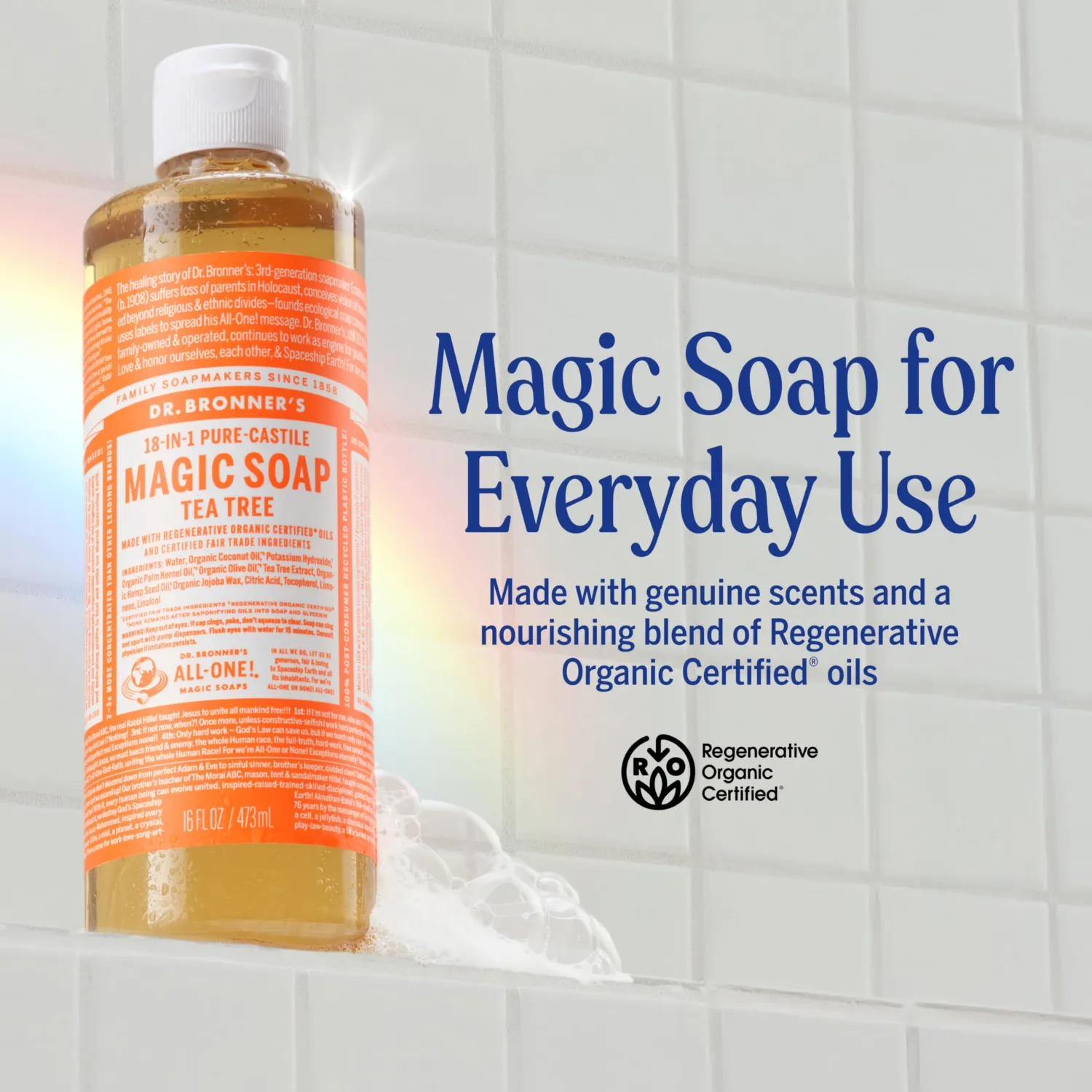 Dr. Bronner's - Pure-Castile Liquid Soap (Tea Tree, 16 ounce) - Made with Organic Oils, 18-in-1 Uses: Acne-Prone Skin, Dandruff, Laundry, Pets and Dishes, Concentrated, Vegan, Non-GMO