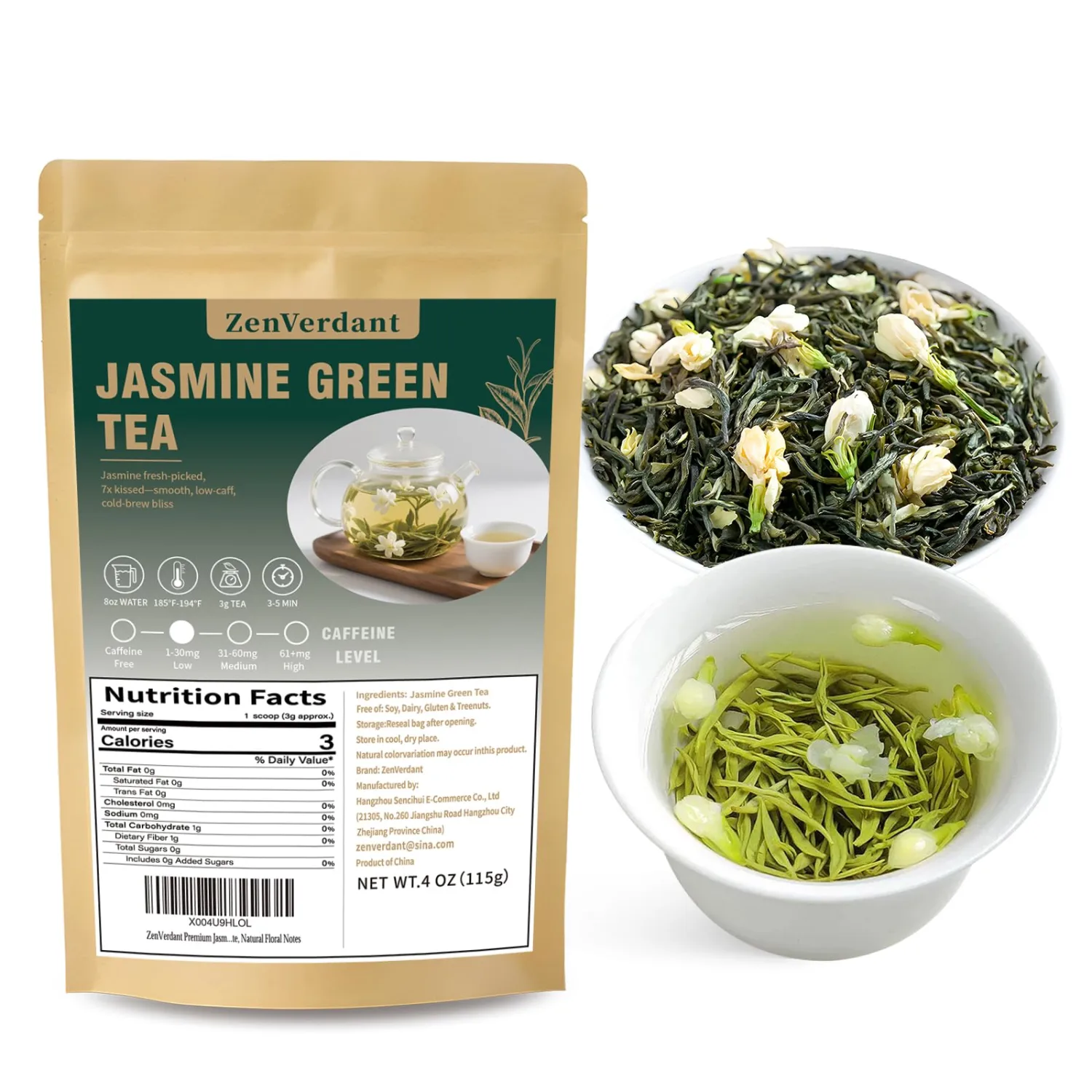 ZenVerdant Premium Jasmine Green Tea Loose Leaf, Low Caffeine, High Antioxidant, Smooth Non-Bitter, Hot & Cold Brew Ready, Intense Natural Floral Aroma